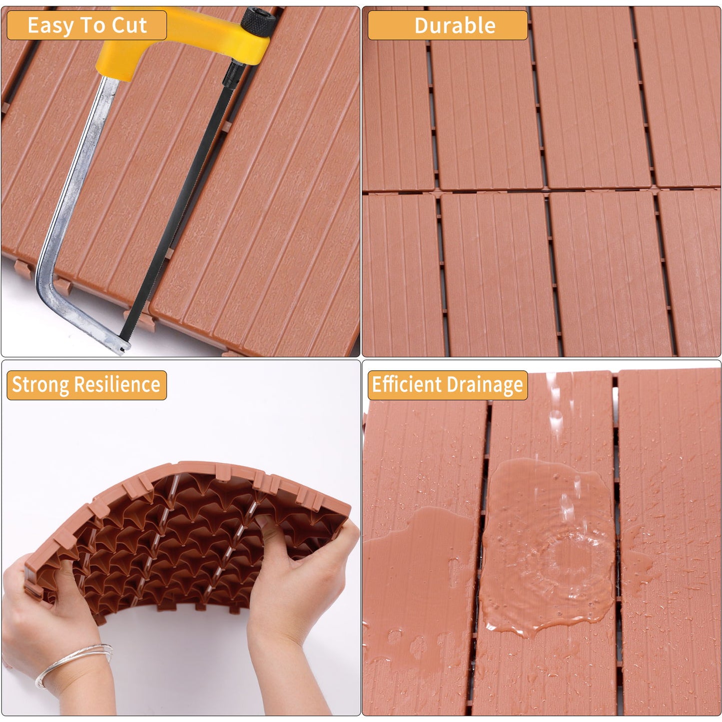 Plastic Interlocking Deck Tiles, (Set of 44), Patio Flooring Outdoor Waterproof All Weather Use For Garden Poolside Front / Back Yard - Mahogany