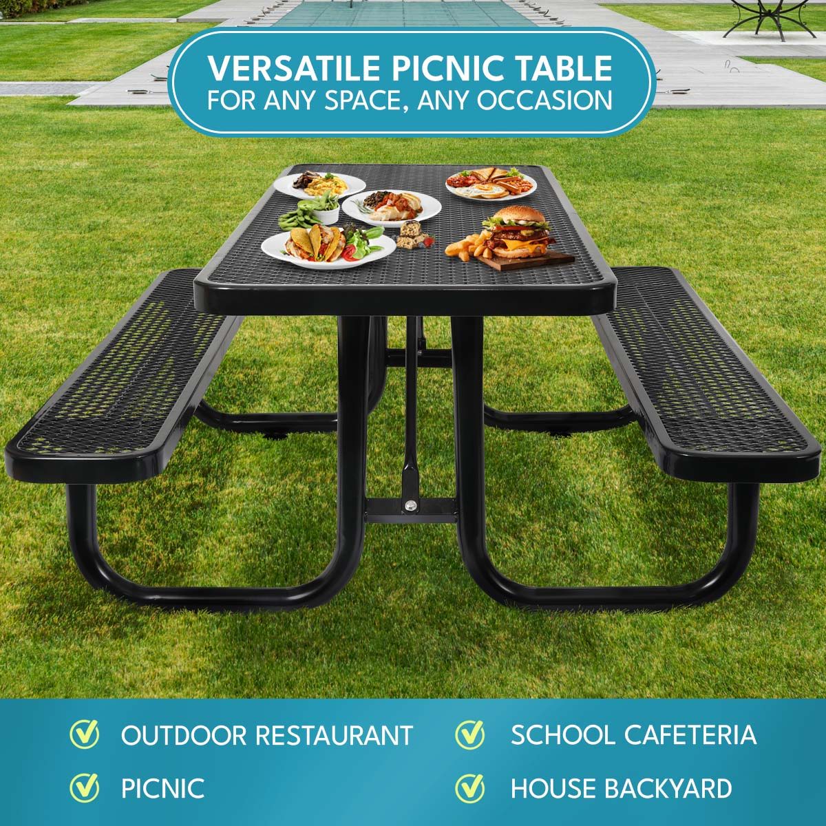 Outdoor Steel Picnic Rectangular Table With Umbrella Pole - Black