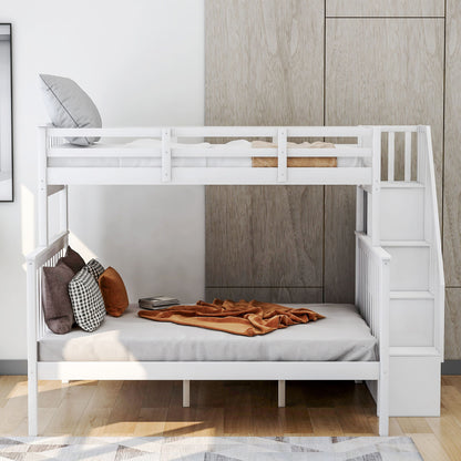 Twin Over Full Bunk Bed Stairway With Storage And Guard Rail For Bedroom - White