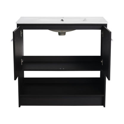 Modern 36" Bathroom Vanity With Ceramic Sink And Soft Closing Doors - Dark Oak