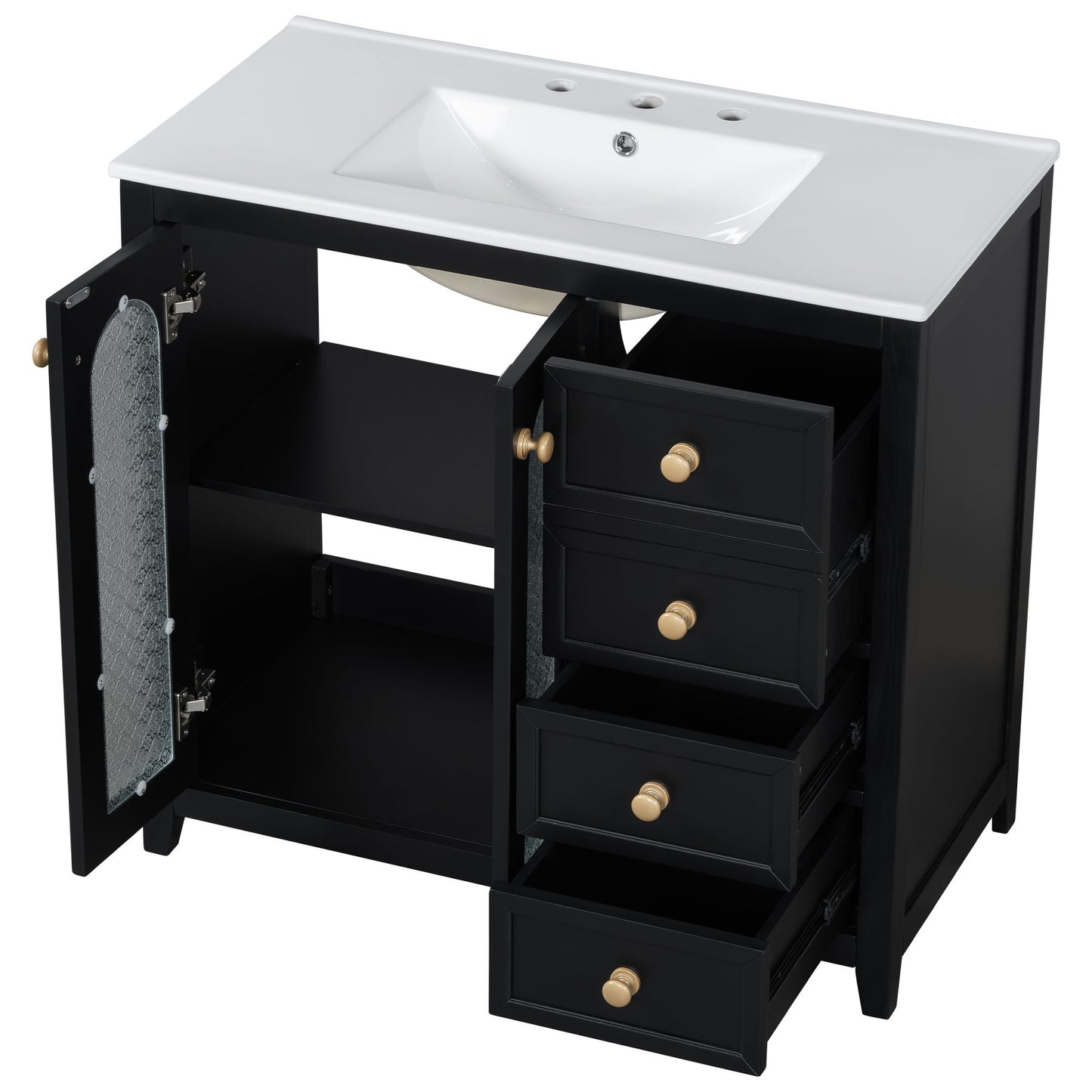 Bathroom Vanity With Two Soft Close Doors, Adjustable Shelves And Three Drawers - Black