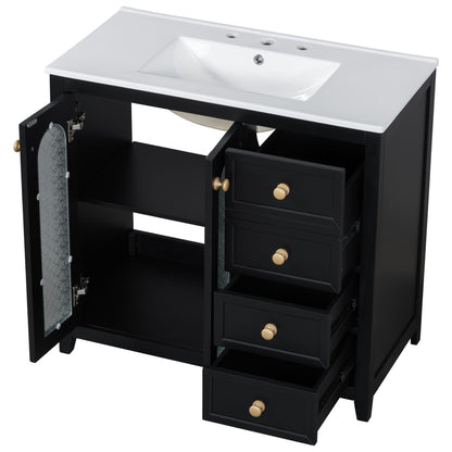 Bathroom Vanity With Two Soft Close Doors, Adjustable Shelves And Three Drawers - Black