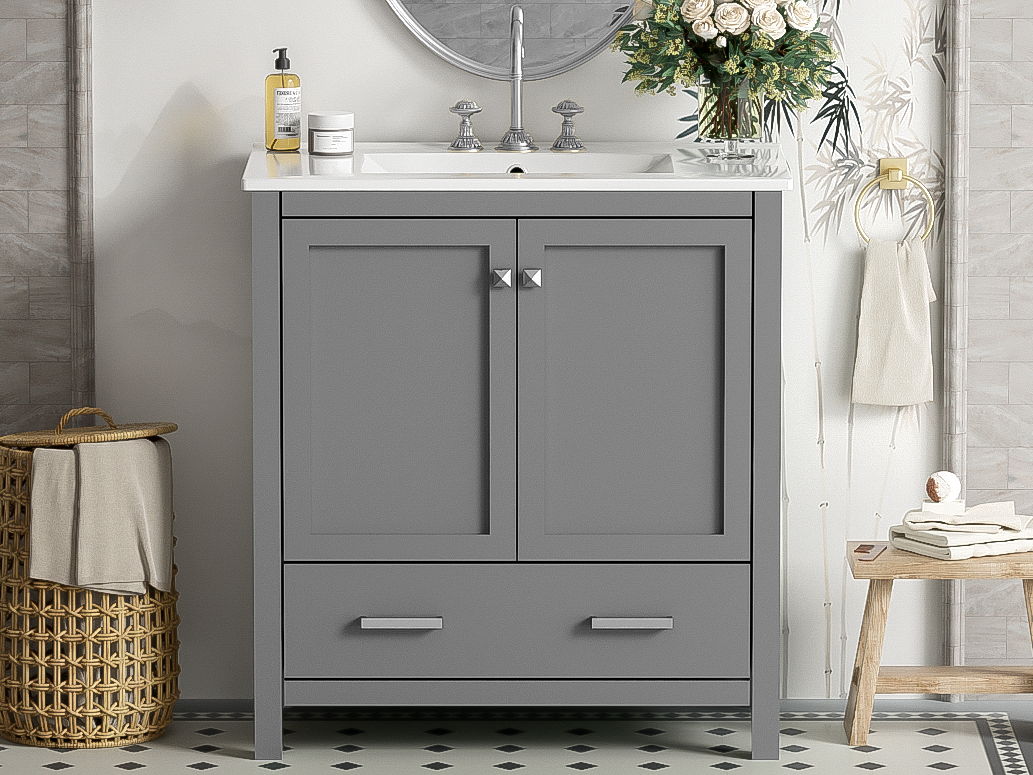 Bathroom Vanity With Single Sink, Combo Cabinet Undermount Sink, Bathroom Storage Cabinet With Two Doors And A Drawer, Soft Closing, Multifunctional Storage, Solid Wood Frame - Gray