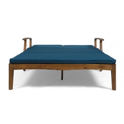 Etherealize - Outdoor Adjustable Double Chaise Lounge With Water Resistant Cushions - Teak / Blue