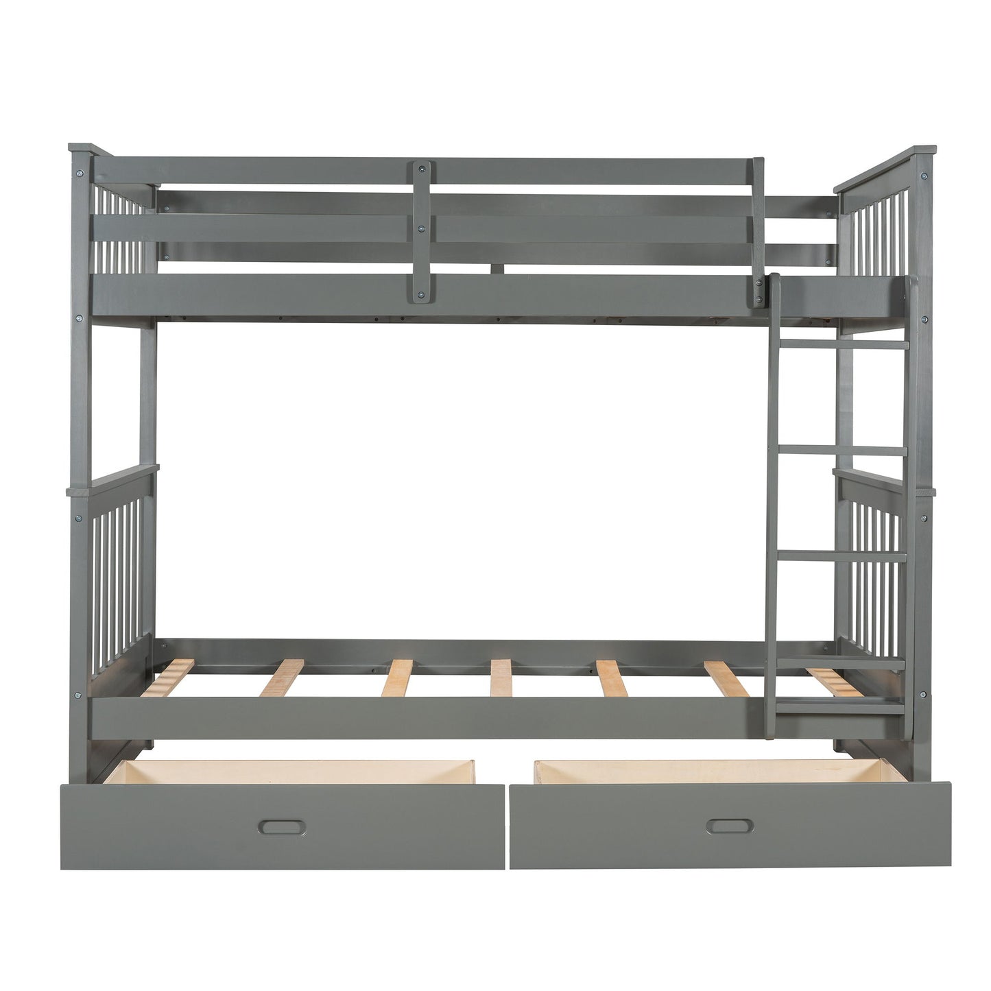 Twin Over Twin Bunk Bed With Ladders And 2 Storage Drawers - Gray