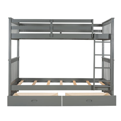 Twin Over Twin Bunk Bed With Ladders And 2 Storage Drawers - Gray