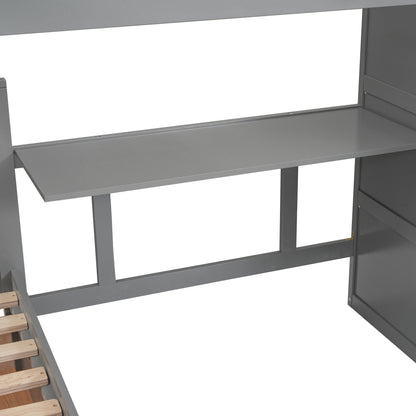 Twin Twin Over Full L Shaped Bunk Bed With 3 Drawers, Portable Desk And Wardrobe - Gray