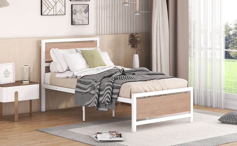 Twin Size Platform Bed, Frame With Headboard And Footboard - White