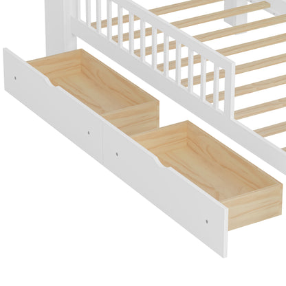 Twin Size Bed With Headboard Storage Rack, 2 Under Bed Drawers, 3 - Side Guardrails For Safety And Security - White