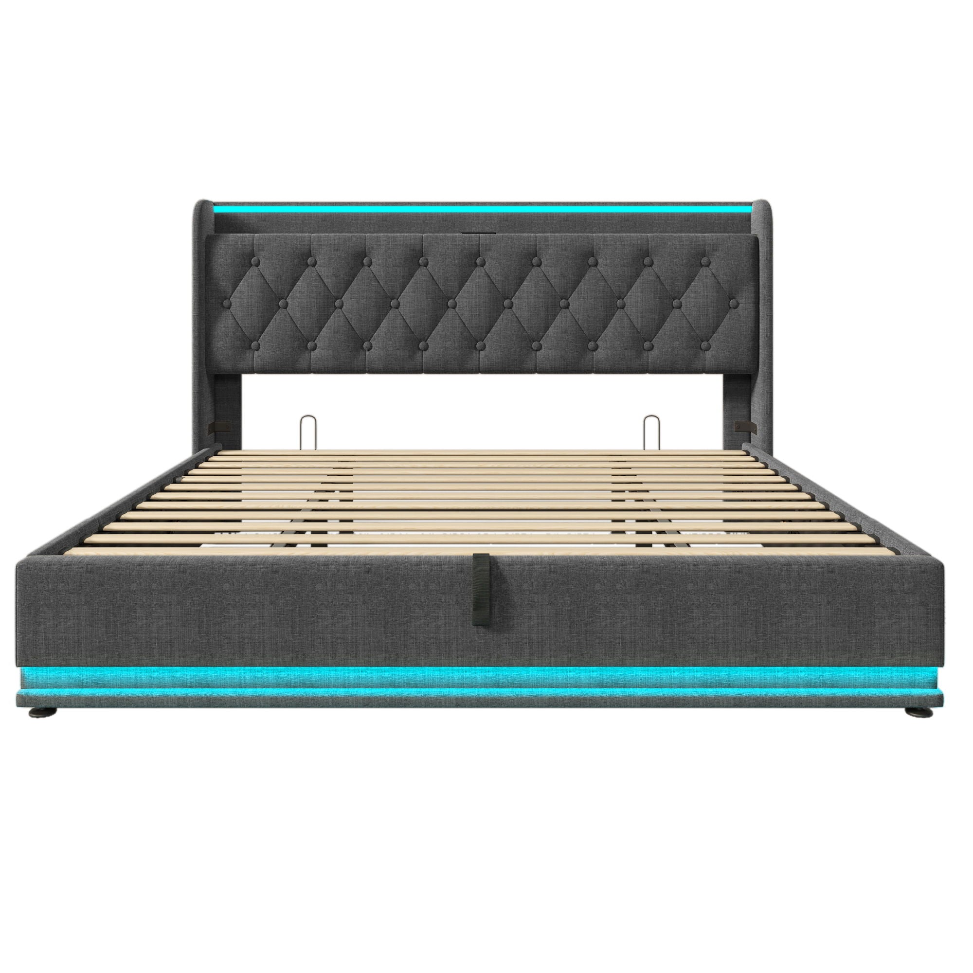 King Size Upholstered Bed, 360 Surround LED Function, Buttons / Apps / Remote Control, Hydraulic Storage Bed With USB Type-C Charging (Without Mattress) - Gray