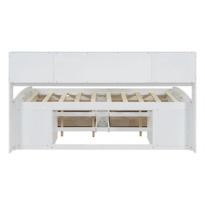 Full Size Daybed With 2 Bedside Cabinets, Upper Shelves And 4 Drawers - White