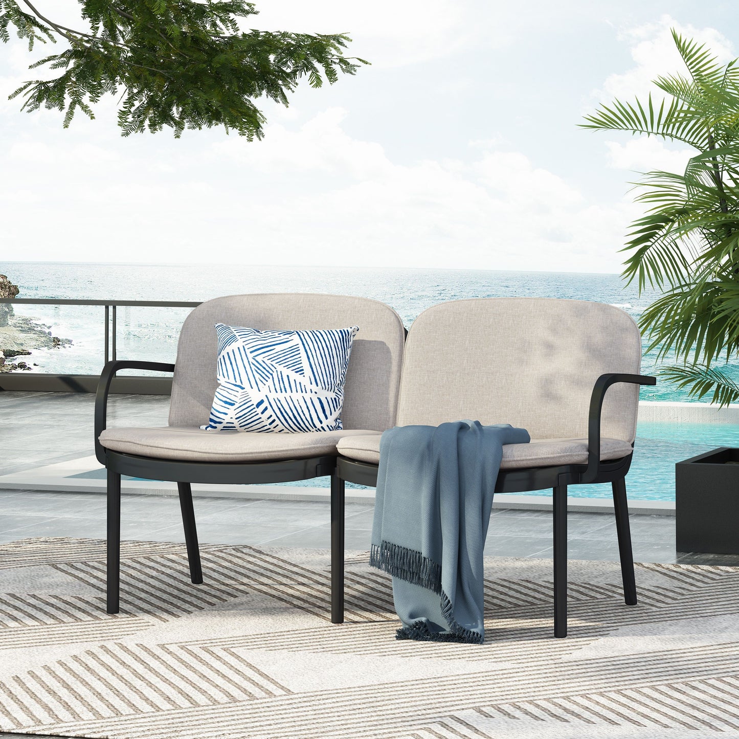 Luna - Outdoor Patio Loveseat With Frame And Cushions Weather Resistant Pp Material - Beige / Black