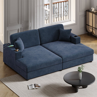 Oversized Loveseat Chaise Lounge Sectional Sofa Bed Corduroy Sleeper Sofa With 2 USB Ports, 2 Cup Holders And 2 Throw Pillows For Living Room And Bedroom - Blue
