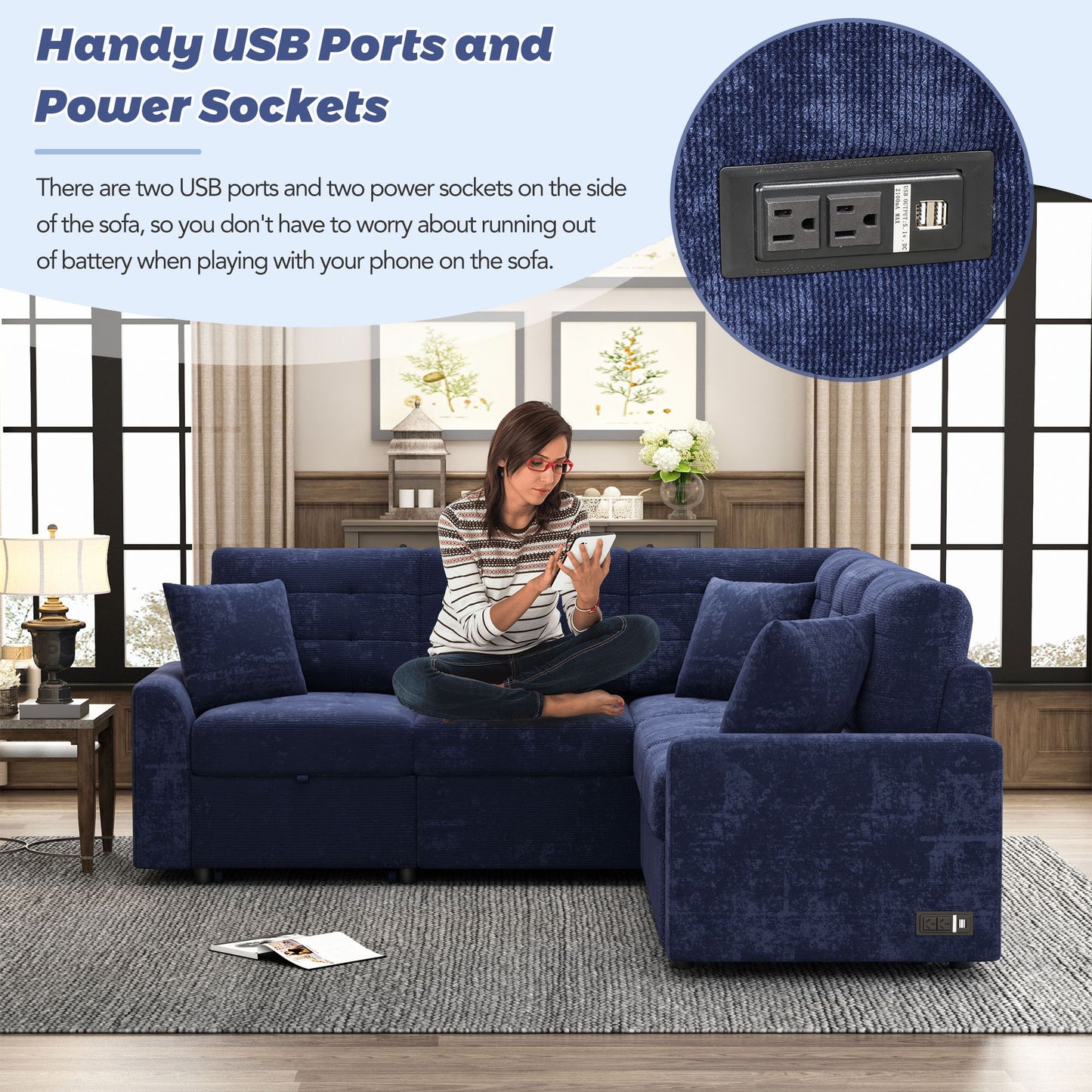 L-Shape Sofa Bed Pull-Out Sleeper Sofa With Wheels, USB Ports, Power Sockets For Living Room - Navy Blue