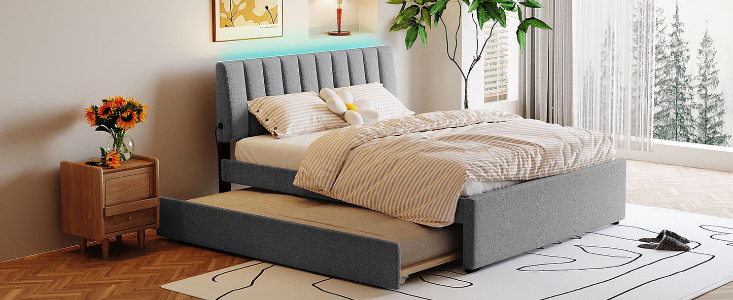 Queen Size Upholstered Platform Bed With Twin Long Trundle - Gray