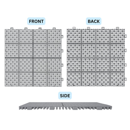 Interlocking Deck Tiles Plastic Waterproof Outdoor All Weather Anti-Slip Bathroom Shower Balcony Porch Strong Weight Capacity Upto 6613 Lbs, Rosette Pattern Pack Of 12 - Gray
