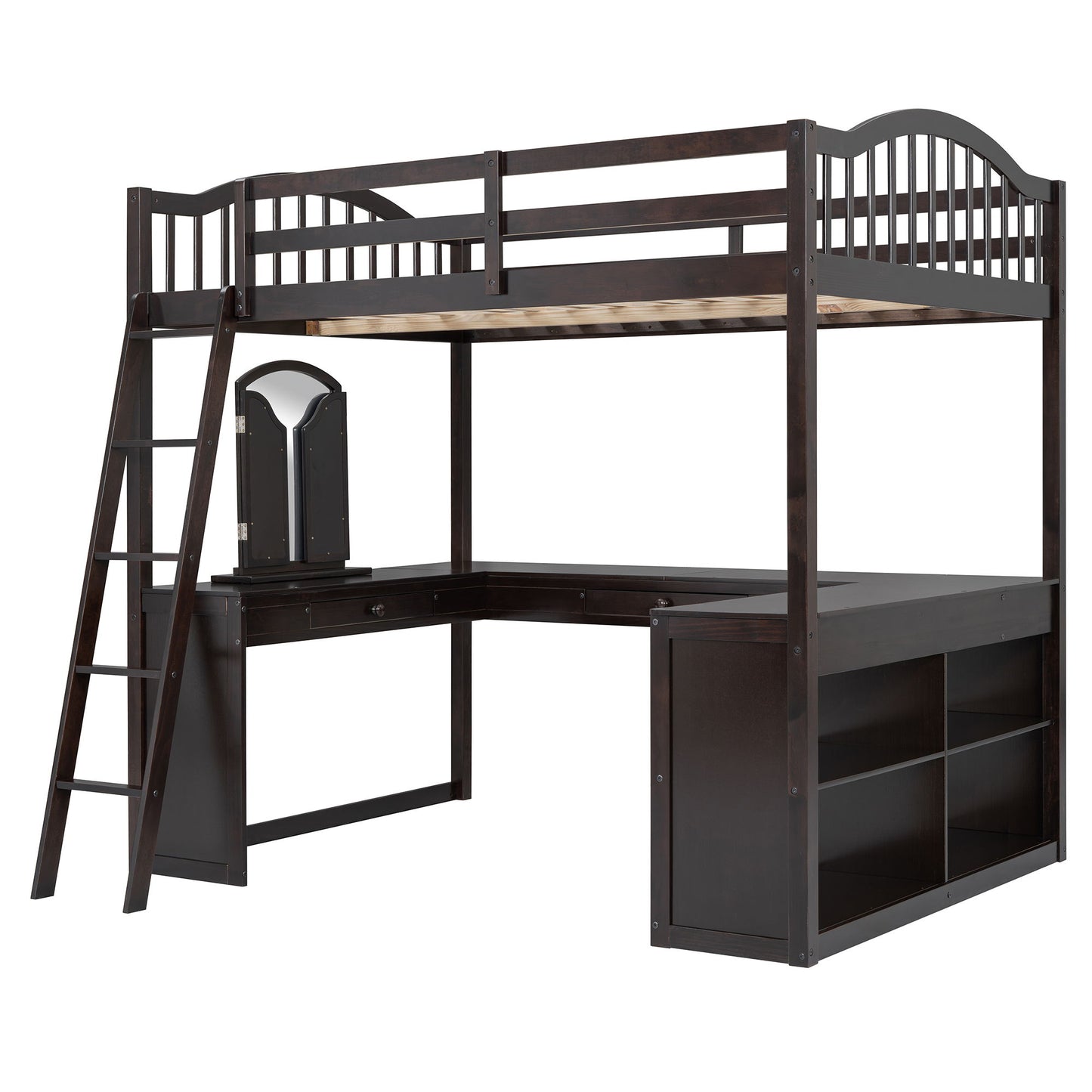 Full Loft Bed With U Shaped Desk, Storage Compartments And Tri Fold Mirror - Espresso