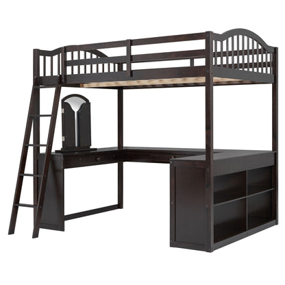 Full Loft Bed With U Shaped Desk, Storage Compartments And Tri Fold Mirror - Espresso