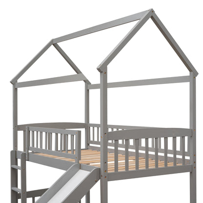 Twin House Loft Bed With Slide - Gray