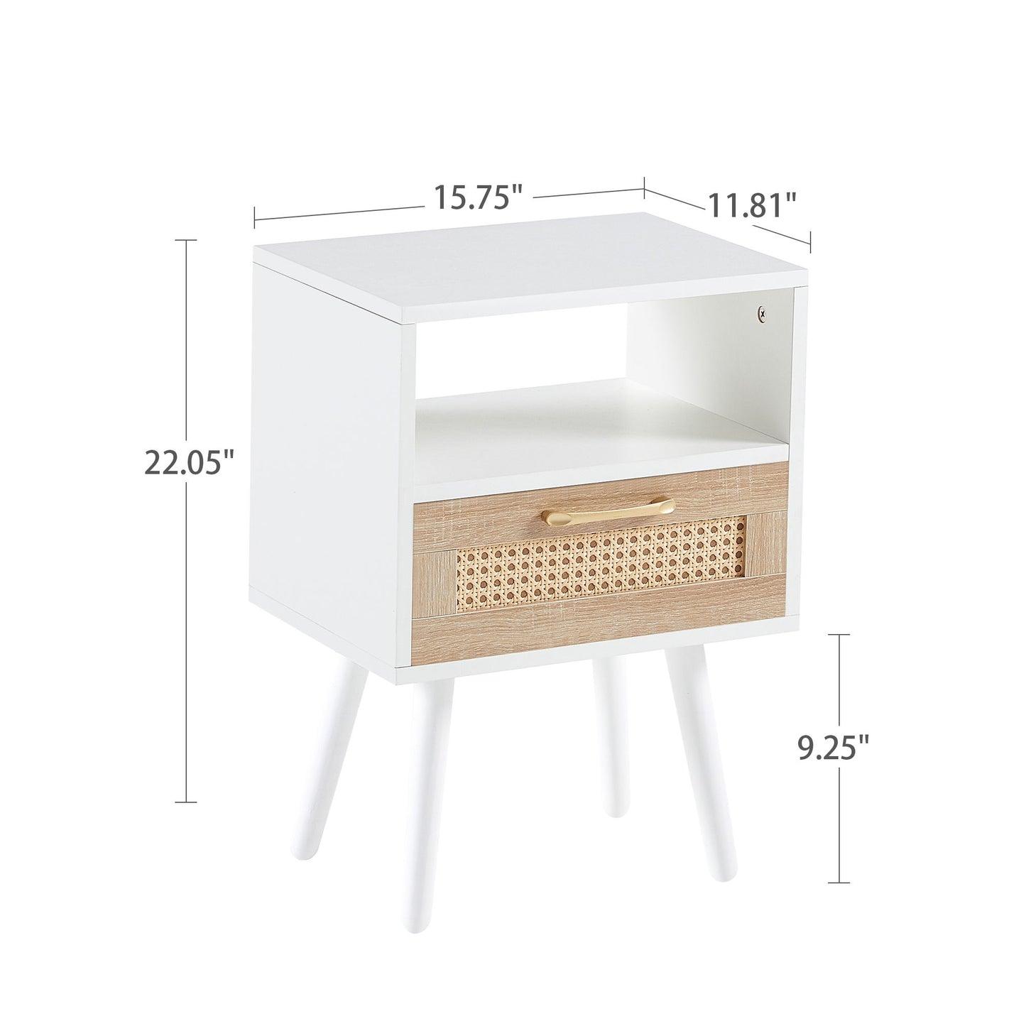 15.75" Rattan End Table With Drawer And Solid Wood Legs, Modern Nightstand, Side Table For Living Room, Bedroom - White