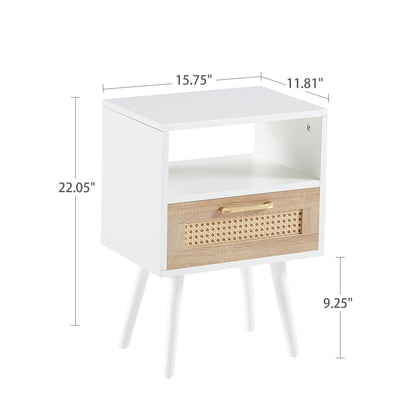 15.75" Rattan End Table With Drawer And Solid Wood Legs, Modern Nightstand, Side Table For Living Room, Bedroom - White