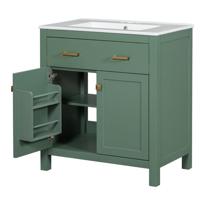 Bathroom Vanity With Ceramic Sink, Modern Single Bathroom Cabinet With 2 Doors And A Shelf, Soft Close Doors - Green