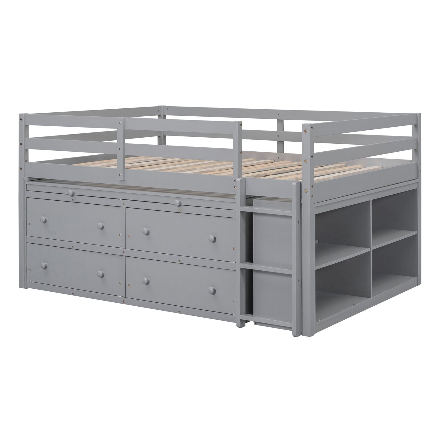 Full Size Loft Bed With Retractable Writing Desk And 4 Drawers, With Lateral Portable Desk And Shelves - Gray