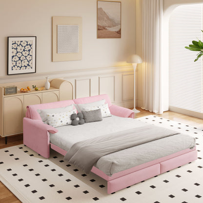 Queen Pull Out Sofa Bed, 3 In 1 Convertible Sleeper Sofa With Side Storage Multifunctional Velvet Loveseat Bed For Living Room - Pink