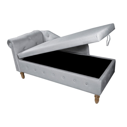 Chaise Lounge Indoor, Velvet Lounge Chair For Bedroom With Storage & Pillow, Modern Upholstered Rolled Arm Chase Lounge For Sleeping With Nailhead Trim For Living Room Bedroom Office - Gray