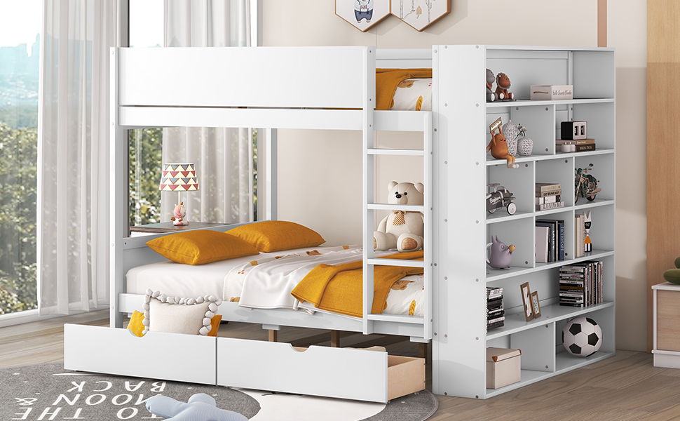 Full Over Full Bunk Bed With 2 Drawers And Multi-Layer Cabinet - White