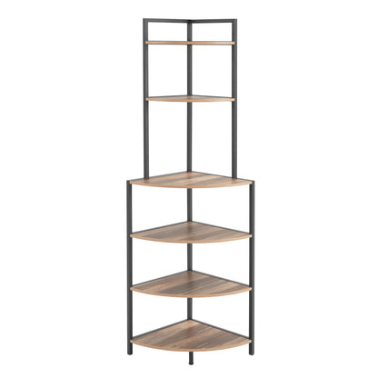 6 Tier Corner Open Shelf Modern Bookcase Wood Rack Freestanding Shelving Unit, Plant Album Trinket Sturdy Stand Small Bookshelf Space-Saving For Living Room Home Office Kitchen Small Space - Rustic Brown