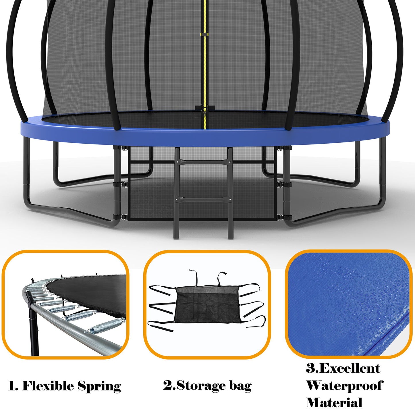 12Ft Recreational Kids Trampoline With Safety Enclosure Net & Ladder, Outdoor Recreational Trampolines - Blue