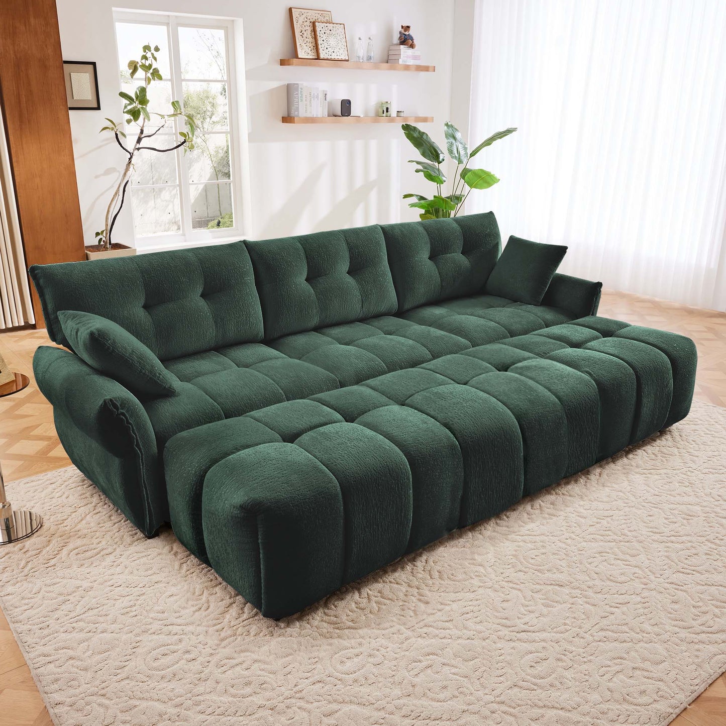 Elegant Textured 3 Seater Sofa Set With 3 Ottomans And Pillows Frame - Green