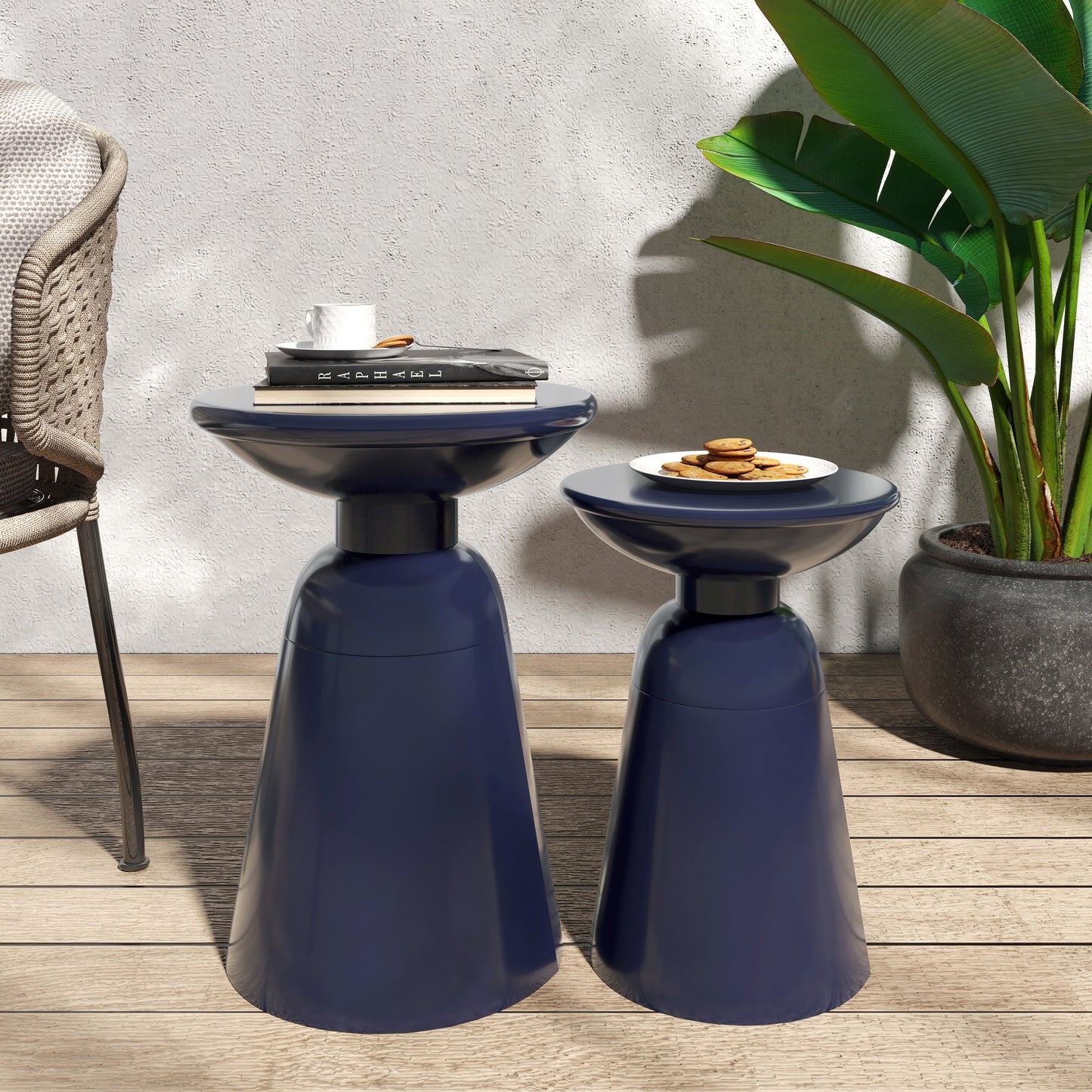 Serenita - Outdoor Iron Side Tables With Flared Design, (Set of 2) - Navy Blue