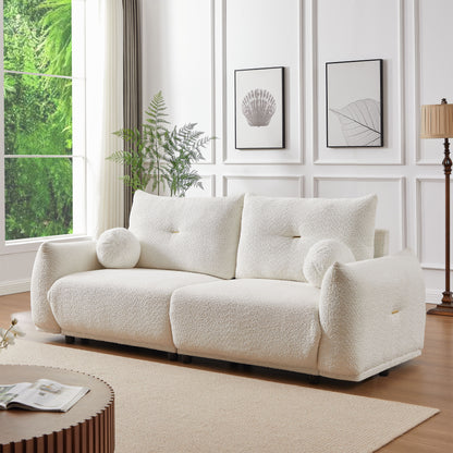 Lamb's Wool 2 Seater Cushion Sofa Comfortable Sofa For Living Room Bedroom And Other Casual Spaces Lamb's Wool Sofa With 2 Cushions And 2 Ball Pillows - White