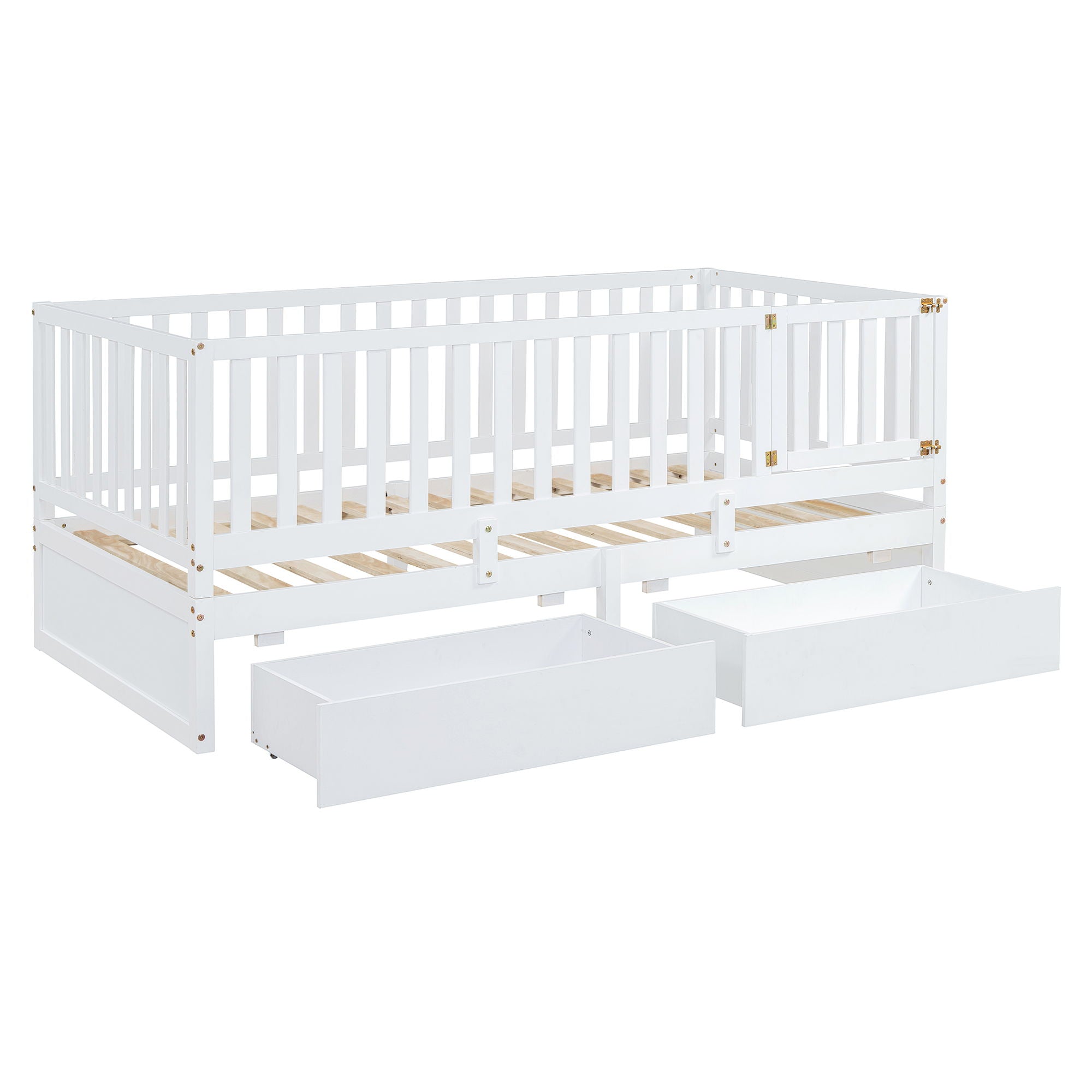 Twin Size Daybed With Fence Guardrails And 2 Drawers, Split Into Independent Floor Bed & Daybed - White