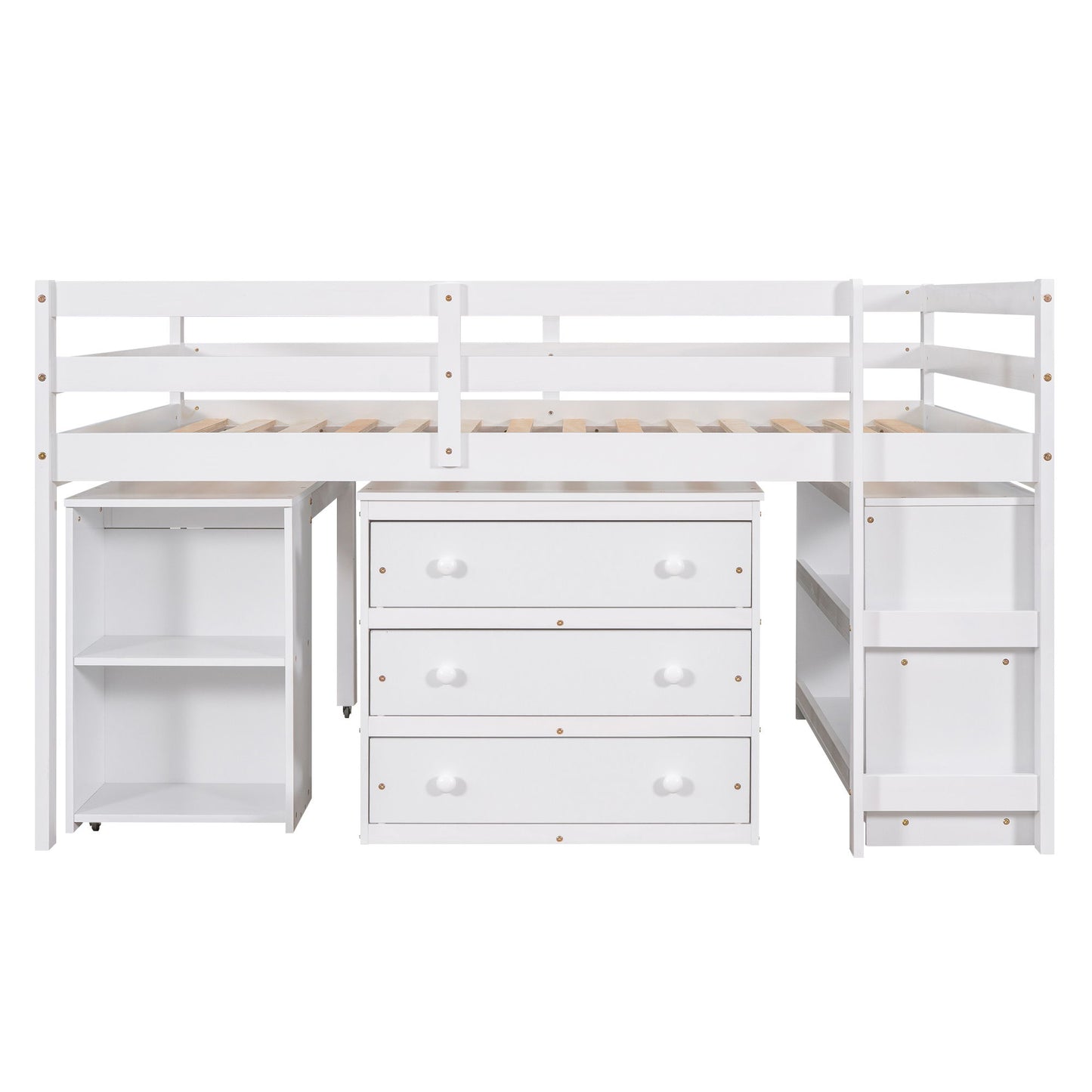 Full Loft Low Study Bed With Cabinet, Shelves And Rolling Portable Desk, Multiple Functions - White