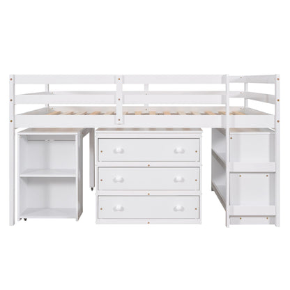 Full Loft Low Study Bed With Cabinet, Shelves And Rolling Portable Desk, Multiple Functions - White