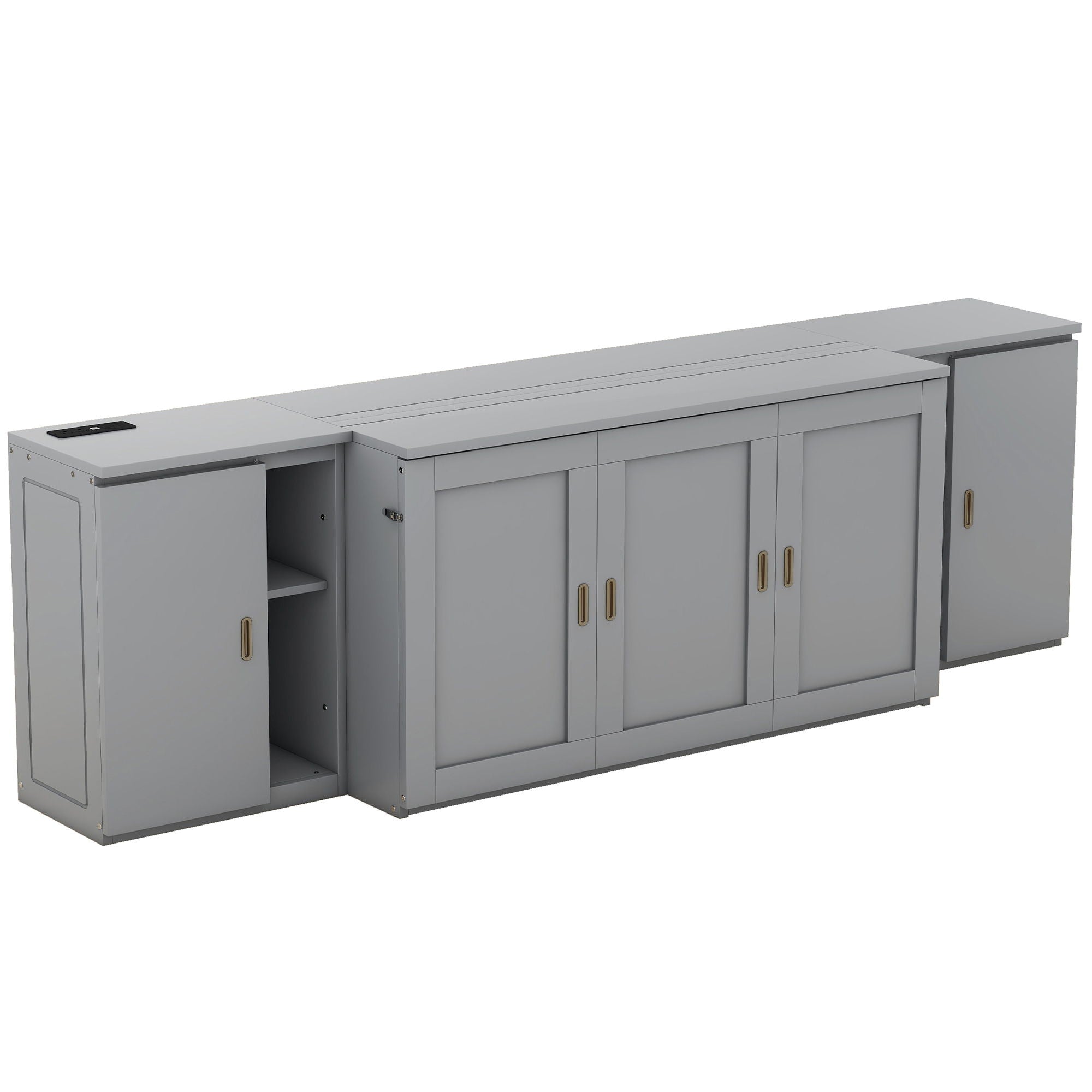Queen Size Murphy Bed With Shelves, Cabinets And USB Ports - Gray