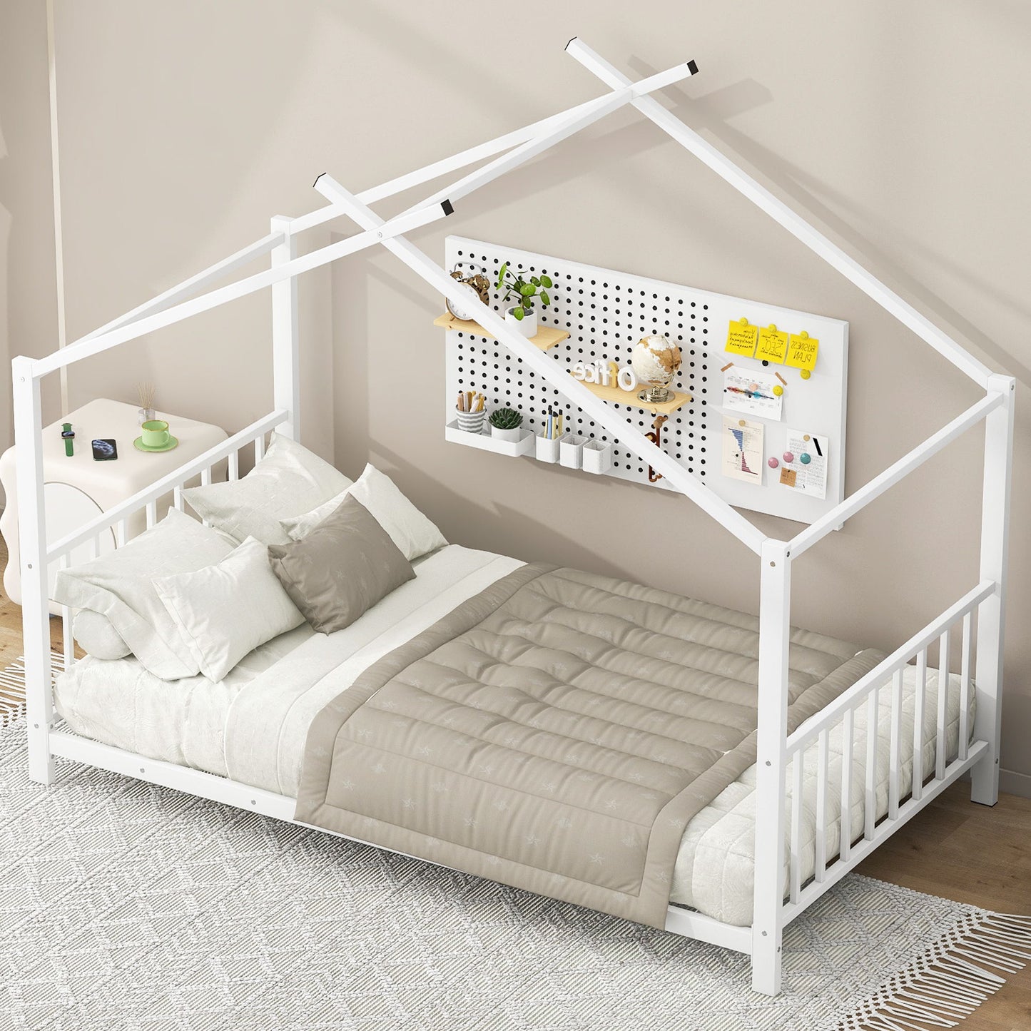 Twin Size Metal House Platform Bed - White