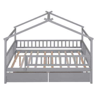 Full Size House Bed With 2 Drawers - Gray