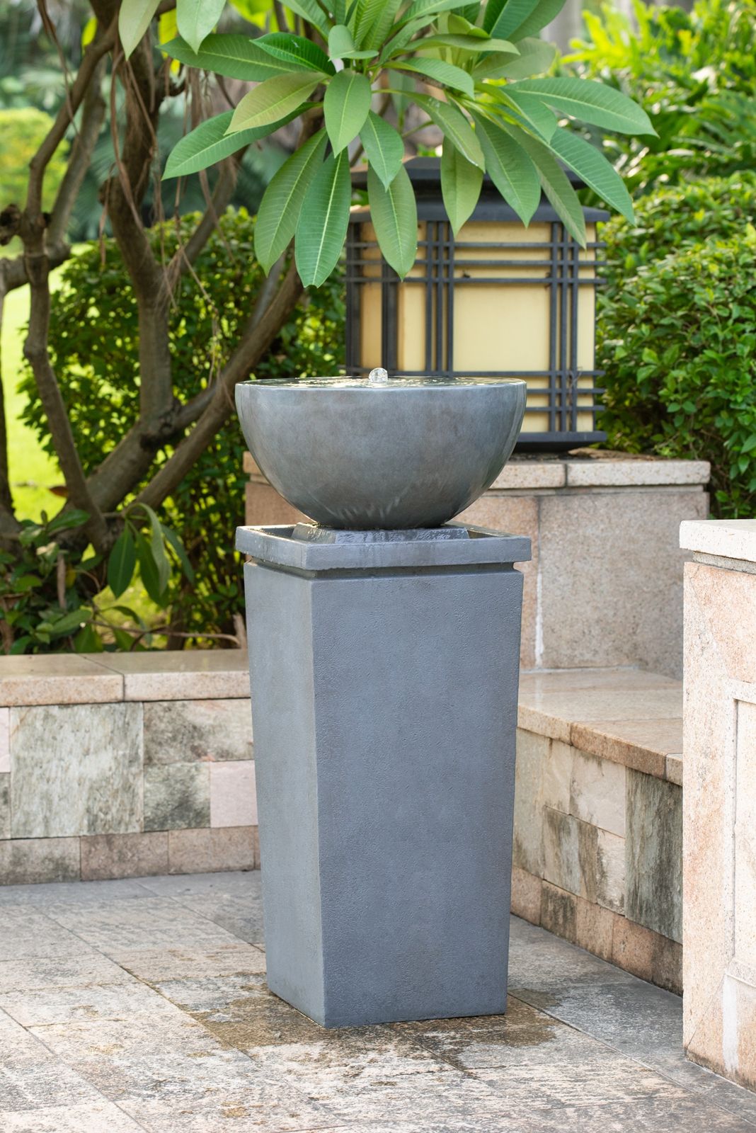 Polyresin Zen Bowl Water Fountain, Outdoor Bird Feeder / Bath Fountains, Relaxing Water Feature For Garden Lawn Backyard Porch - Gray
