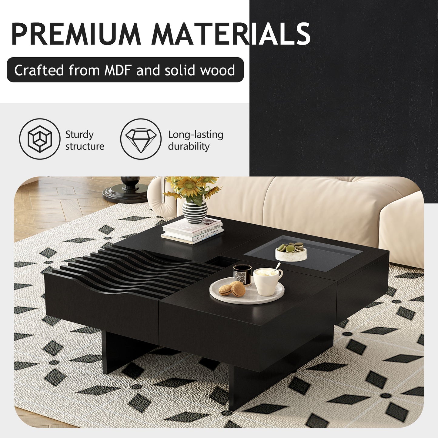 Mid Century Modern Coffee Table, Unique Square Wooden Coffee Table With 3 Drawers, Tempered Glass And Solid Wood Legs For Living Room - Black