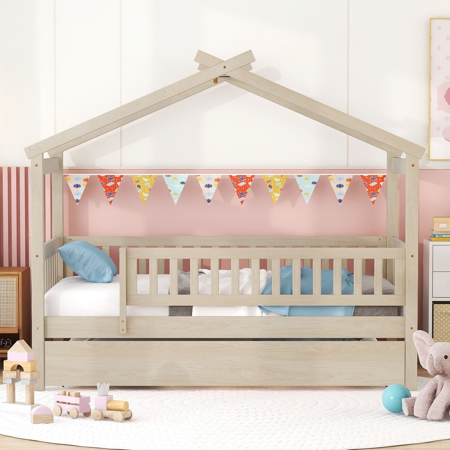 Twin Size House Bed & Twin Size Trundle - Natural