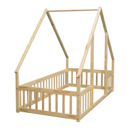 Twin Wood House-Shaped Floor Bed With Fence, Guardrails - Natural