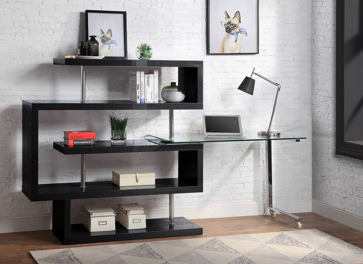 Buck II - Clear Glass, Chrome High Gloss Writing Desk With Shelf - Black