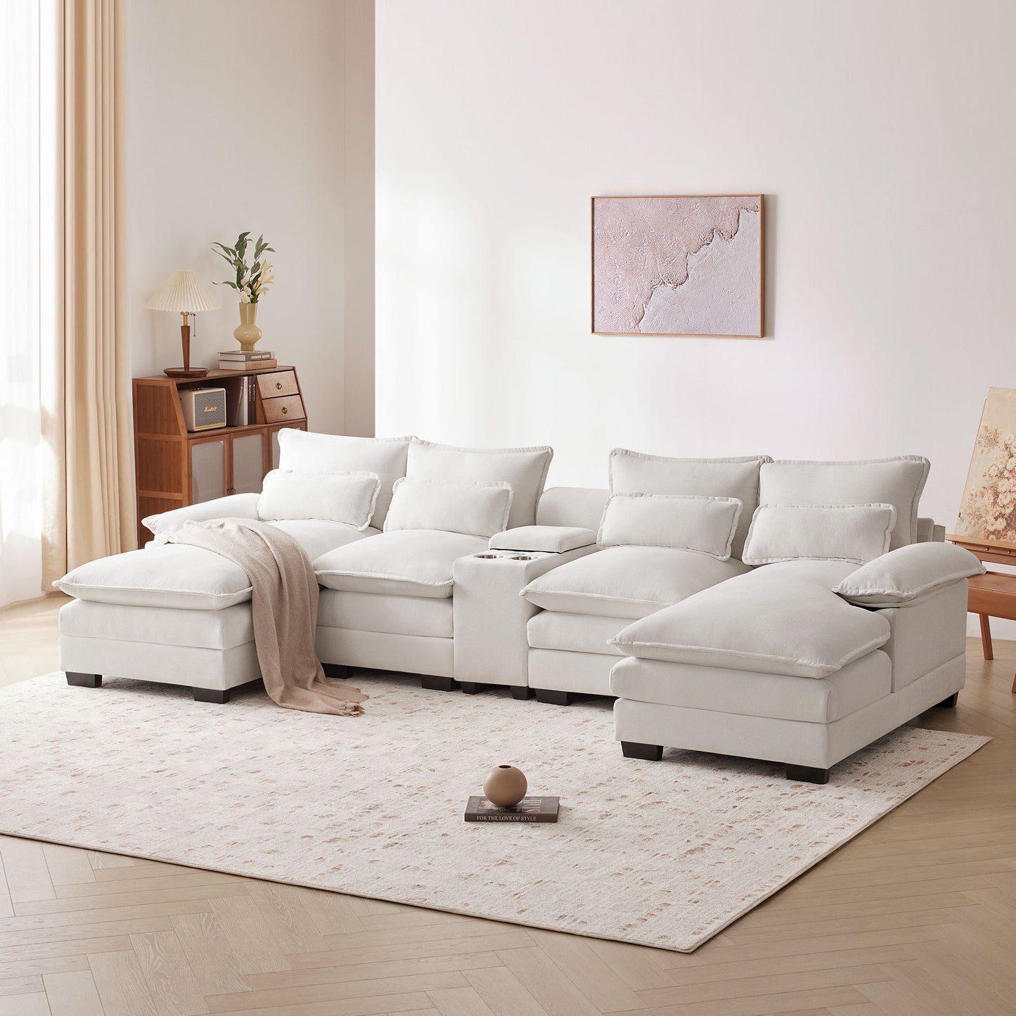 Modern U Shaped Sofa With Console, Cupholders And USB Ports, 6 Seat Upholstered Symmetrical Indoor Furniture, Sleeper Couch Set With Chaise - White