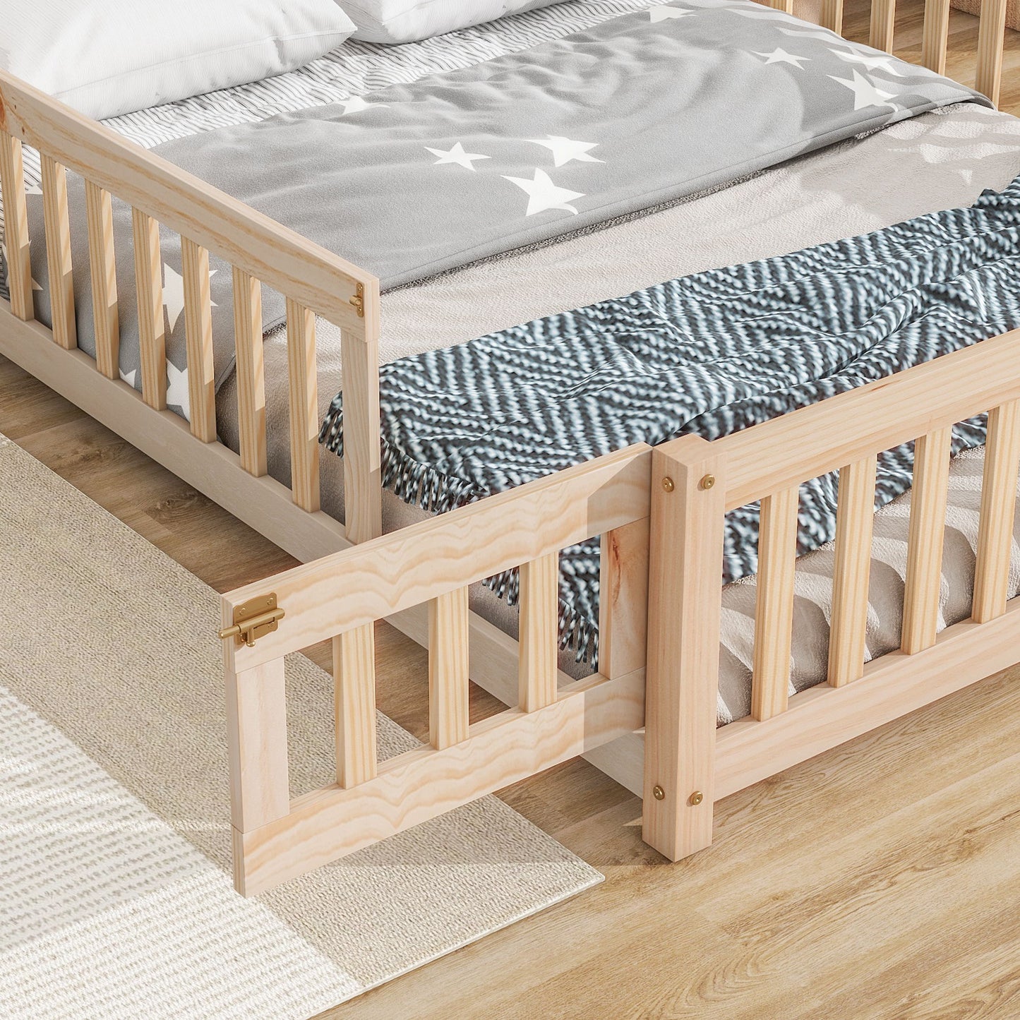 Full House-Shaped Headboard Floor Bed With Fence - Natural