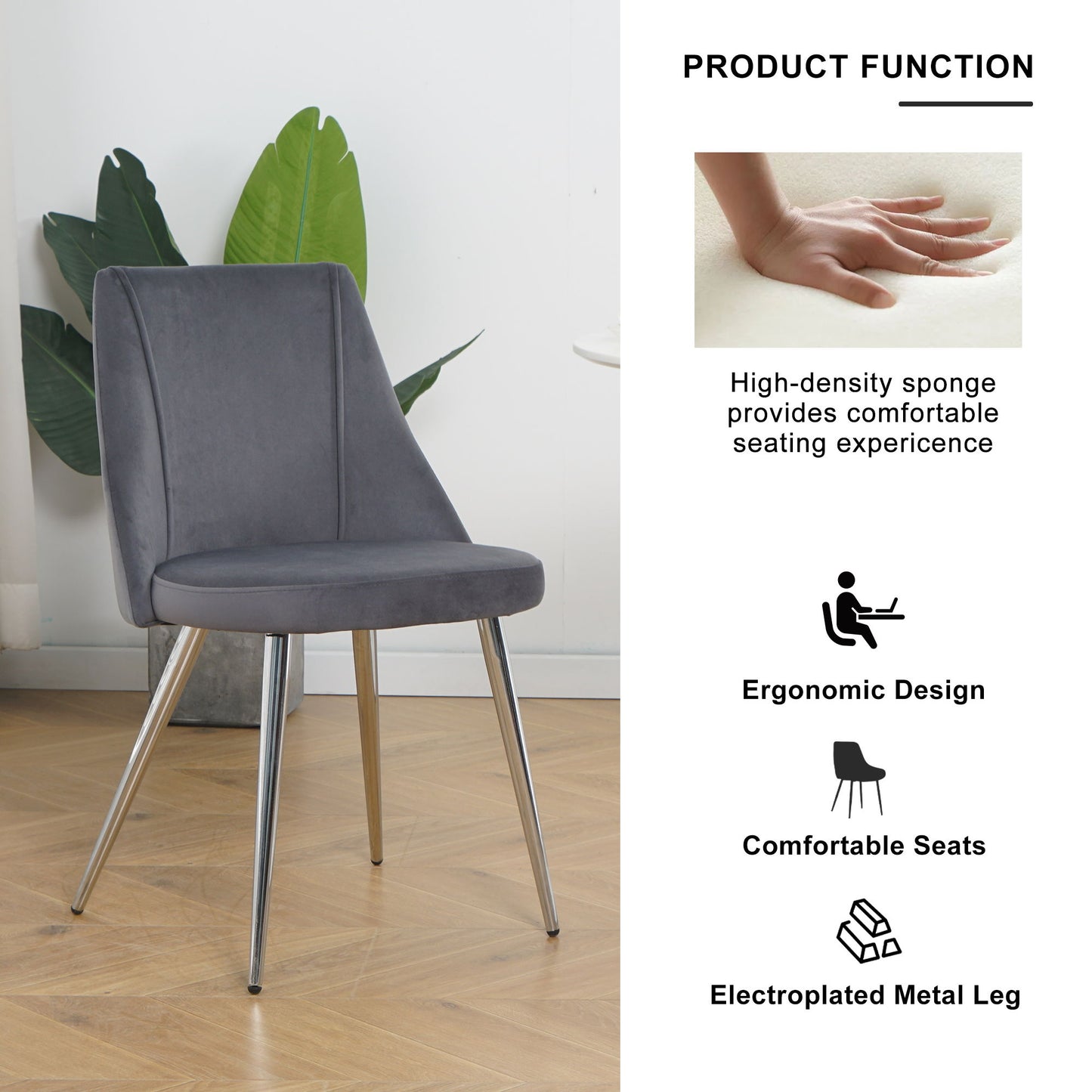Modern Velvet Dining Chairs, Upholstered Accent Chairs With Chrome Legs For Home And Kitchen - Gray