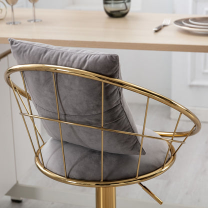 Velvet Bar Chair, Pure Gold Plated, Unique Design, 360 Degree Rotation, Adjustable Height, Suitable For Dining Room And Bar, (Set of 2) - Gray